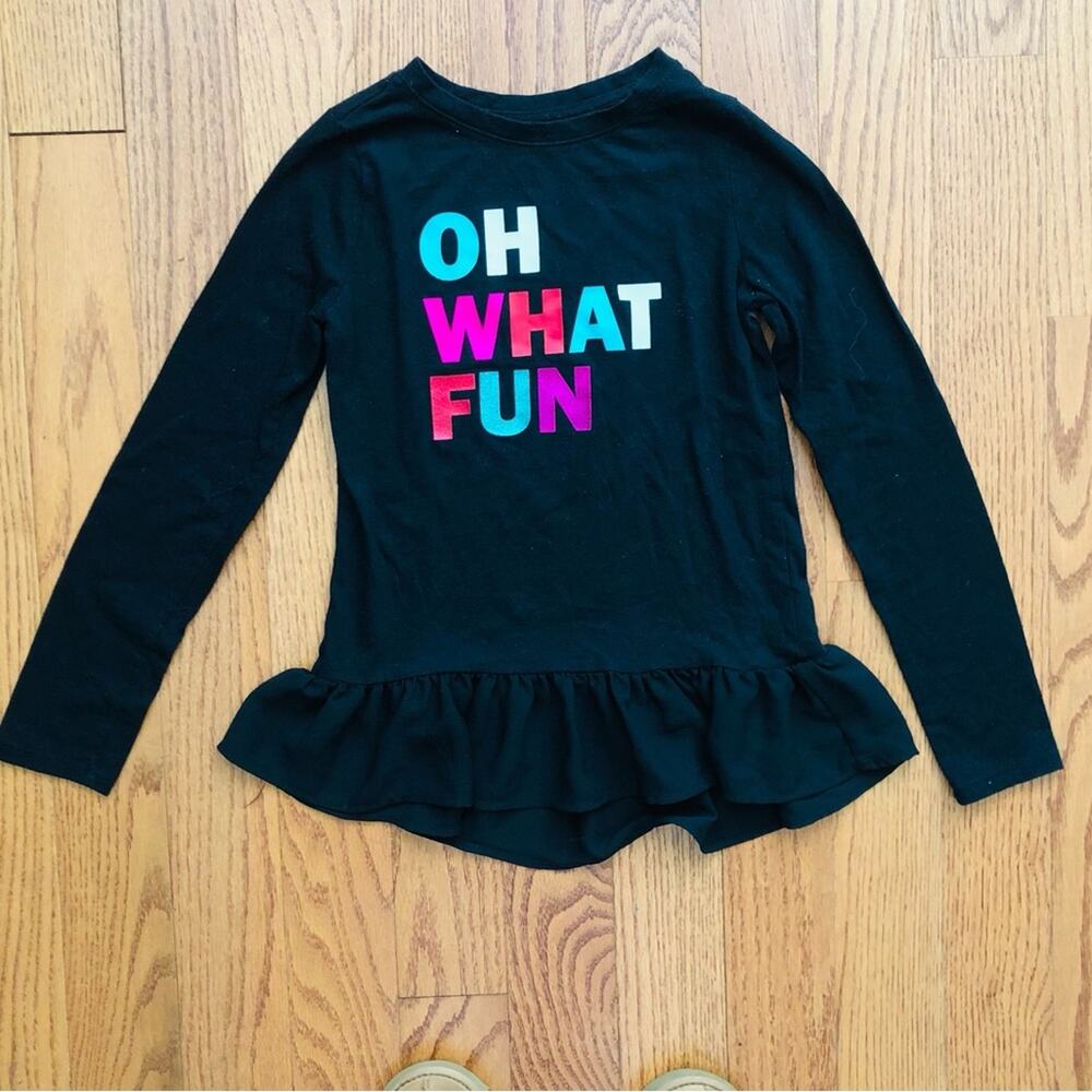 Cat & Jack Oh What Fun Graphic Peplum Long Sleeve Black Top Girl’s Size 10/12